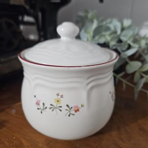 Könnte beinhalten: Eine weiße Zuckerdose aus Keramik mit Deckel, verziert mit einem zarten Blumenmuster in Rosa, Gelb und Grün. Der Rand ist mit einer dünnen roten Linie akzentuiert. Die Dose hat eine runde Form und einen kleinen Knopf auf dem Deckel.