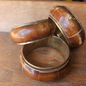 Vintage Brown Bangle Bracelet | Chunky Statement Bracelet with Brass Trim | Boho Jewelry | Retro Fashion Accessory | Earth Tone Bangle