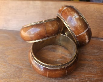Vintage Brown Bangle Bracelet | Chunky Statement Bracelet with Brass Trim | Boho Jewelry | Retro Fashion Accessory | Earth Tone Bangle