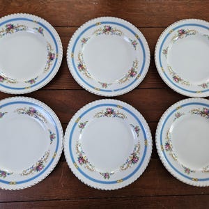 May include: Six white ceramic plates with a blue border and floral design. The plates have a scalloped edge and a gold trim. The floral design includes pink, purple, and yellow flowers. The plates are arranged on a wooden surface.