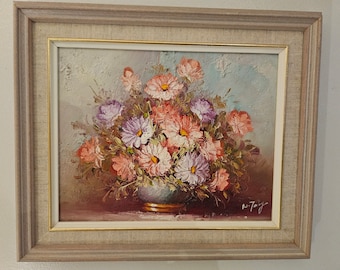 Wunderschönes gerahmtes und signiertes vintage Blumen Gemälde Öl auf Leinwand 11"x 13,5"