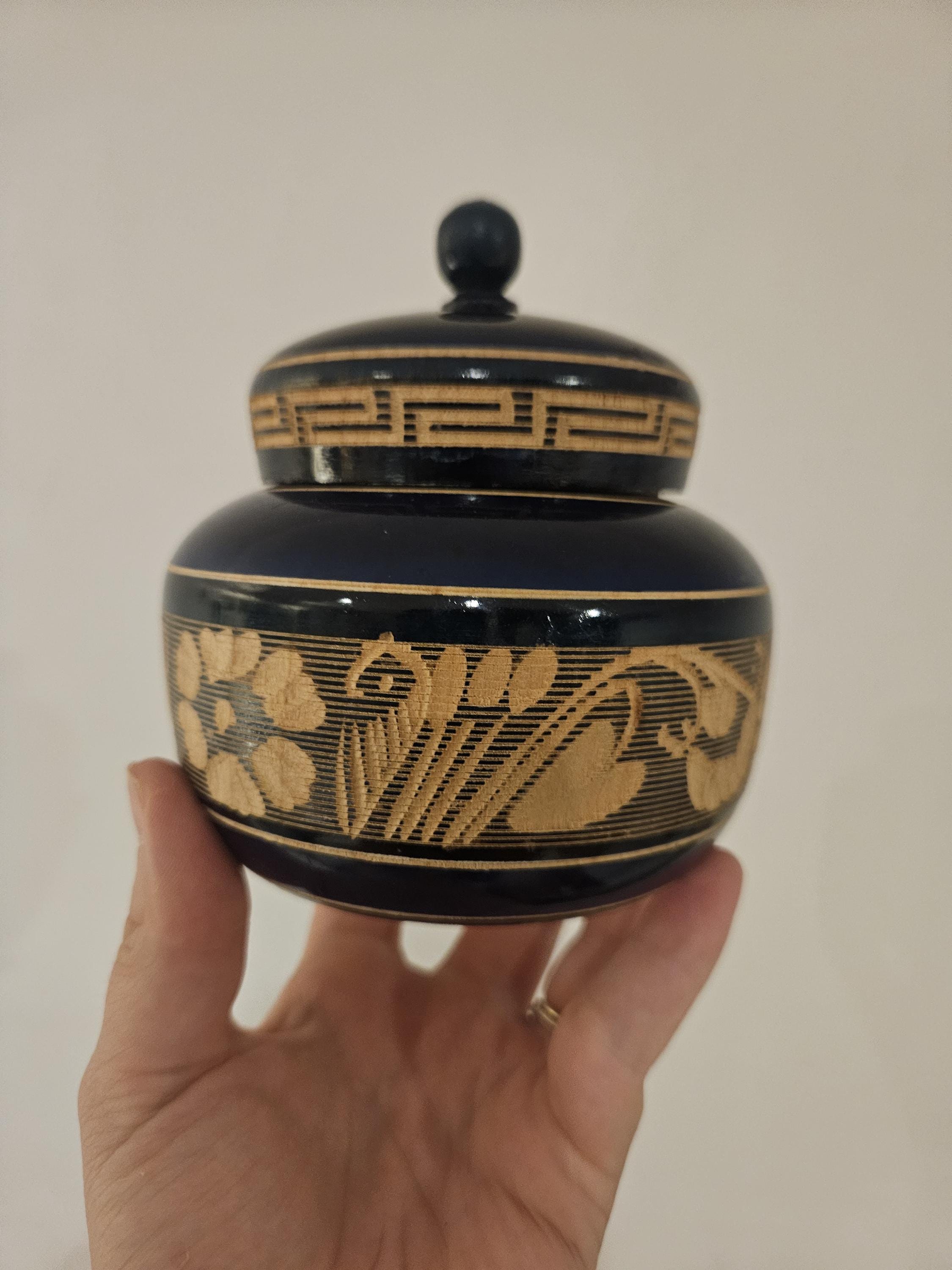 Beautiful carved wood and blue laquer wooden jar
