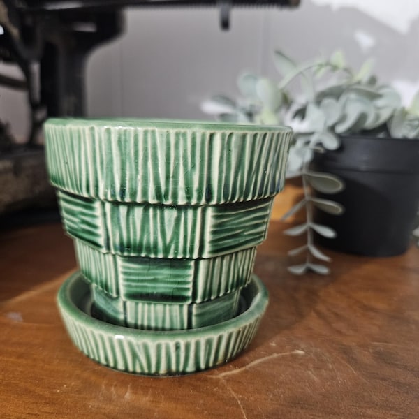 Vintage McCoy Green Ceramic Planter with Saucer | Mid Century Pottery USA