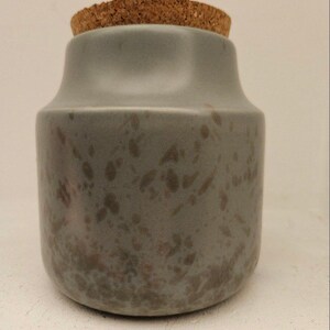Peut inclure: Un pot cylindrique en céramique avec une finition gris mat lisse présentant un motif tacheté brun et gris foncé. Le pot possède un col légèrement effilé et est surmonté d'un couvercle rond en liège naturel brun clair.