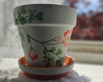 Schöner Vintage handbemalter floraler Terrakotta Pflanztopf