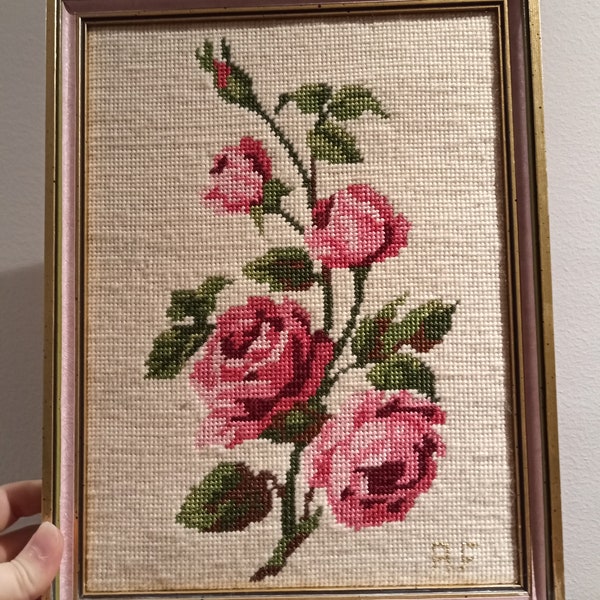 Gorgeous floral cross stitch embroidery artwork in wooden  frame vintage boho wall decor 10" x 12"