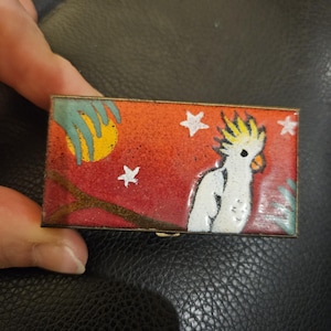 tabatière à tabac à priser vintage en laiton émaillé, design perroquet
