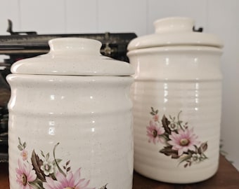 Vintage Floral Ceramic Canister Set with Lids | Cottagecore Kitchen Storage | Farmhouse Speckled Cream Jars | Set of 2