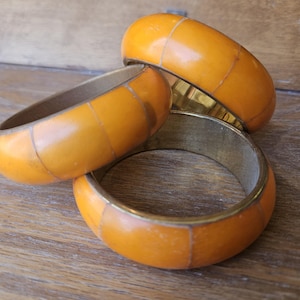 Vintage Orange Bangle Bracelet | Chunky Statement Bracelet | Tangerine Orange and Gold Tone Bangle | Retro Jewelry | 1970s 1980s Fashion