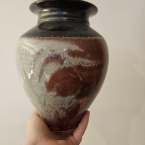Vintage studio pottery, large vase, artist signed Red, Grey, Black