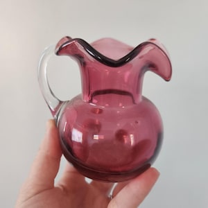Vintage Cranberry Glass Mini Pitcher Vase – Hand Blown Ruffled Rim
