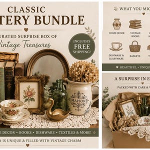 Peut inclure: Un coffret surprise contenant des objets vintage incluant des livres, un bougeoir en laiton, une tasse à thé florale avec soucoupe, un cadre avec impression botanique, une bouteille en verre vert, un cygne en laiton et un pichet Maison Paris.