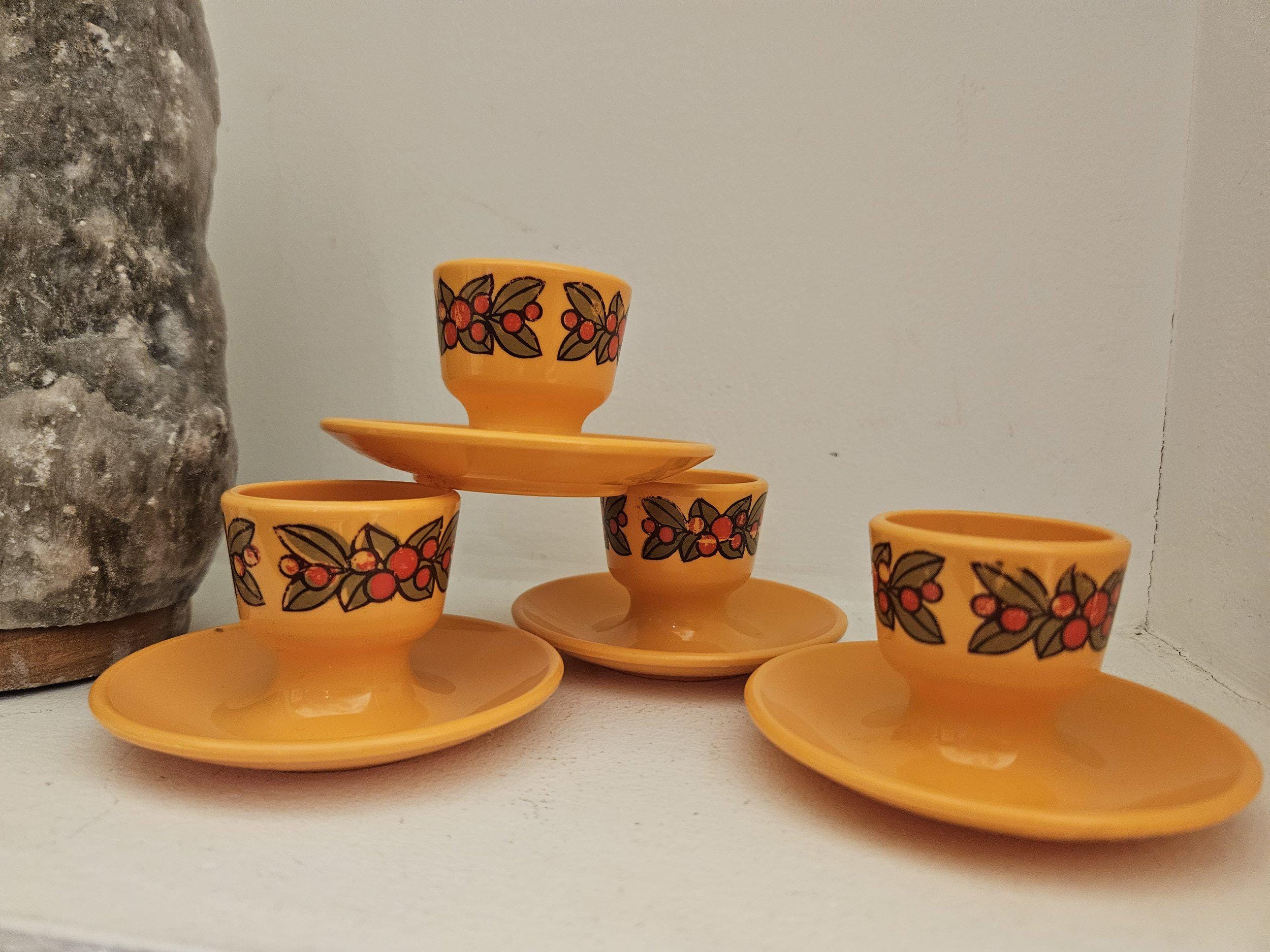 ヴィンテージ エムサ イエロー エッグカップ 4個セット | 西ドイツ 花