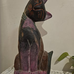 Large vintage wood carved cat boho decor cat made in Thailand