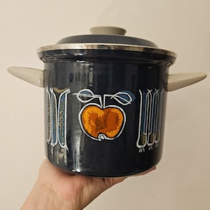 Może przedstawiać: Ciemnoniebieski emaliowany garnek z pokrywką i dwoma białymi uchwytami. Garnek posiada dekoracyjny wzór jabłka w kolorze pomarańczowym i białym, z niebieskimi i białymi akcentami. Garnek jest trzymany przez dłoń.