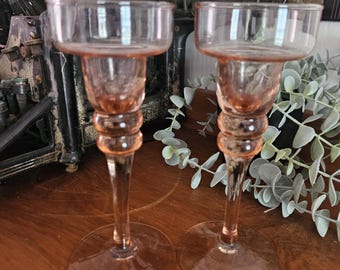Pair of Vintage Pink Glass Candle Holders | Blush Depression Style Candlesticks | Romantic Table Decor