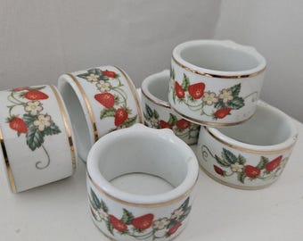 Anillos para servilletas de porcelana con diseño de fresas vintage / Decoración de mesa estilo cottagecore, juego de 6
