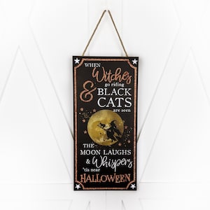 Halloween sign for home, Witches and black cats with moon MDF sign for wreath, Wreath sign AP8937, Wreath attachment, Fall wall decor