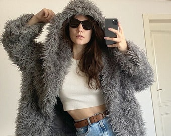 Gray Shaggy Faux Fur Jacket, Festival Hooded Coat for Women Gray Shaggy Faux Fur Jacket, Festival Hooded Coat for Women