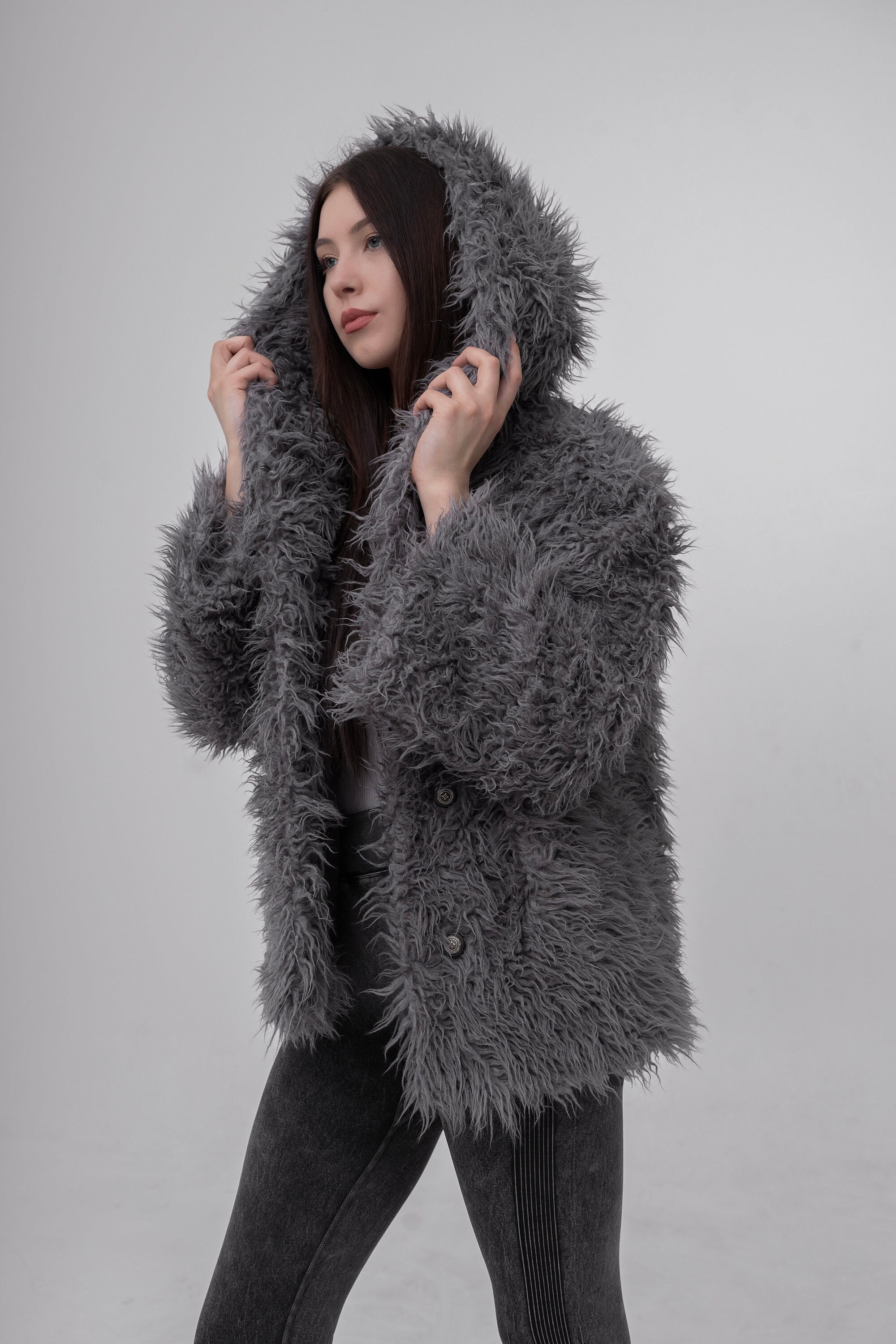 Gray Shaggy Faux Fur Jacket, Festival Hooded Coat for Women Gray Shaggy Faux Fur Jacket, Festival Hooded Coat for Women
