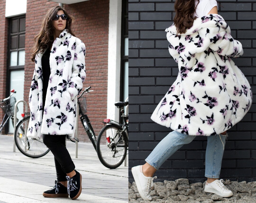 Floral Faux Fur Coat. Plus Size White Fur Coat. Warm Winter Ivory Coat