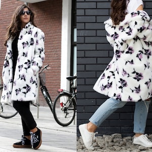Floral Faux Fur Coat. Plus Size White Fur Coat. Warm Winter Ivory Coat. Y2K Fashion Faux Fur Jacket, Oversized White Fur Coat