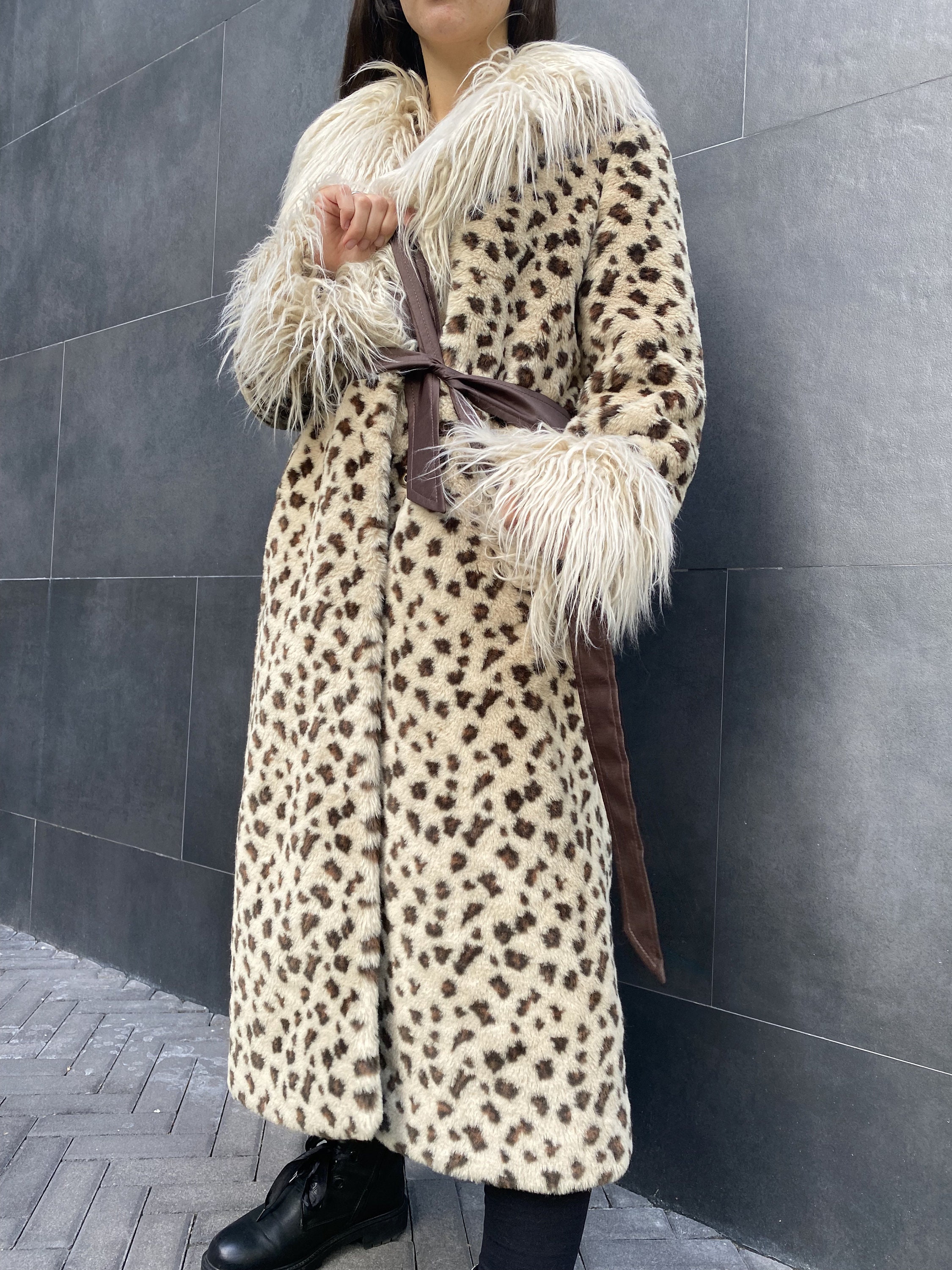 Afghan Faux Fur Coat for Woman in Leopard Print, Long Fake Fur