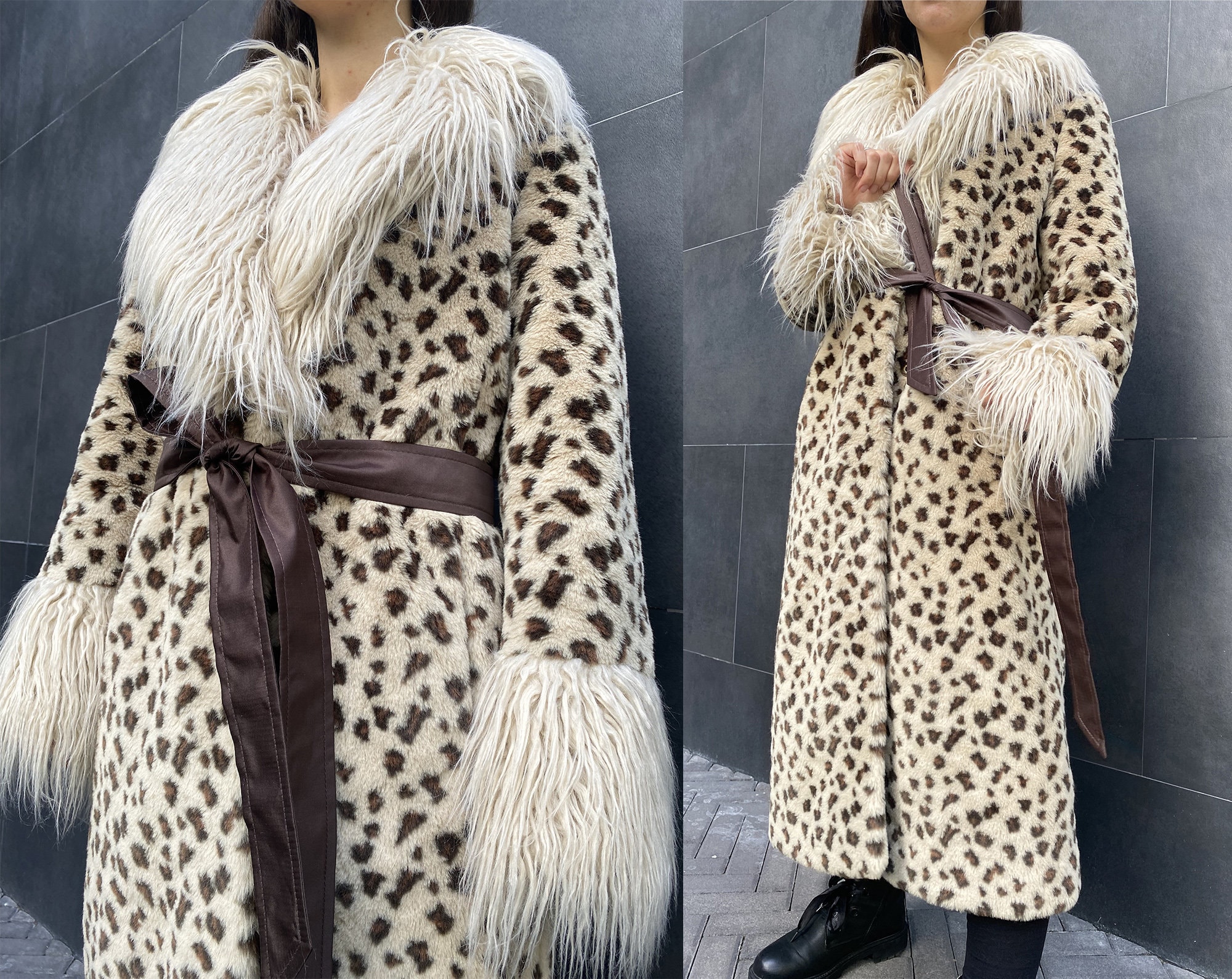 Afghan Faux Fur Coat for Woman in Leopard Print, Long Fake Fur