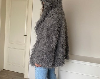Gray Shaggy Faux Fur Jacket, Festival Hooded Coat for Women Gray Shaggy Faux Fur Jacket, Festival Hooded Coat for Women
