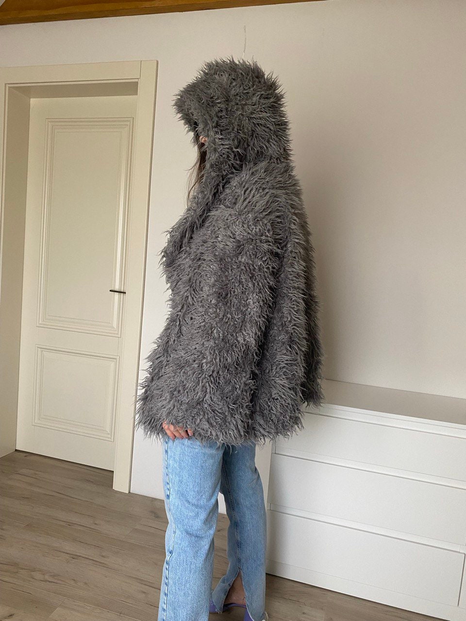 Gray Shaggy Faux Fur Jacket, Festival Hooded Coat for Women Gray Shaggy Faux Fur Jacket, Festival Hooded Coat for Women