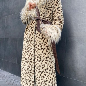 Leopard Print Faux Fur Coat, Animal Print Full Length Fake Fur Coat for ...