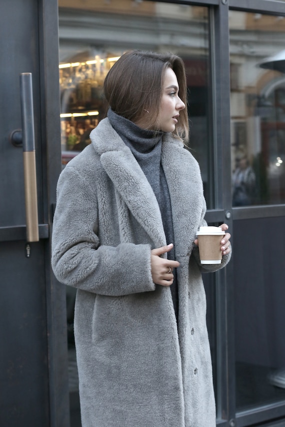 Gray Faux Fur Coat for Women Long Faux Fur Wool Coat Grey 