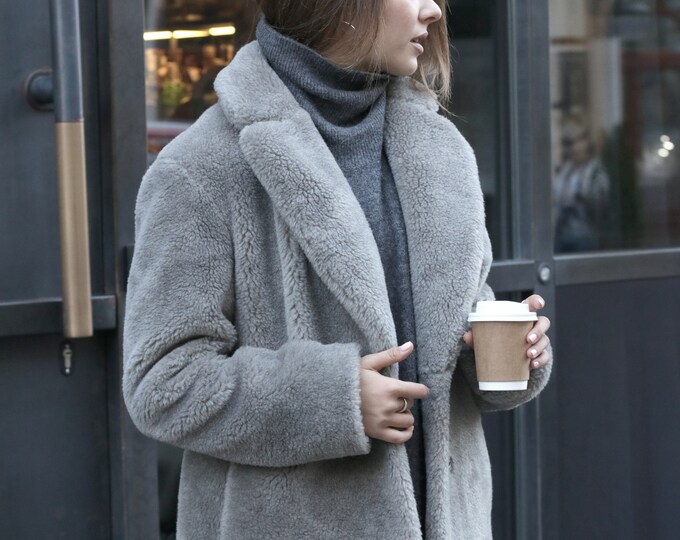 Gray Faux Fur Coat for Women, Long Faux Fur Wool Coat, Grey Winter Warm