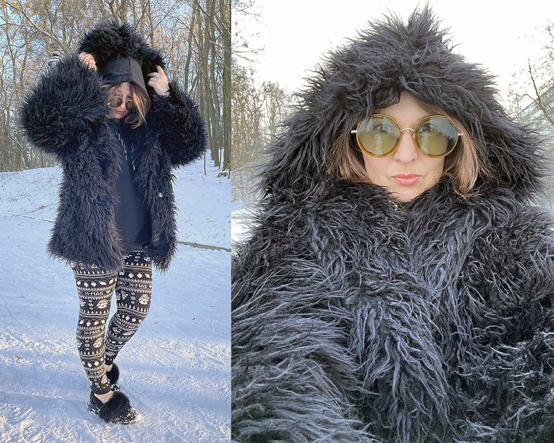 Black Hooded Faux Fur Coat for Woman, Shaggy Winter Rave and Festival ...
