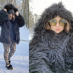 Black Faux Fur Llama Coat Shaggy Jacket Long Line Midi Coat Etsy UK