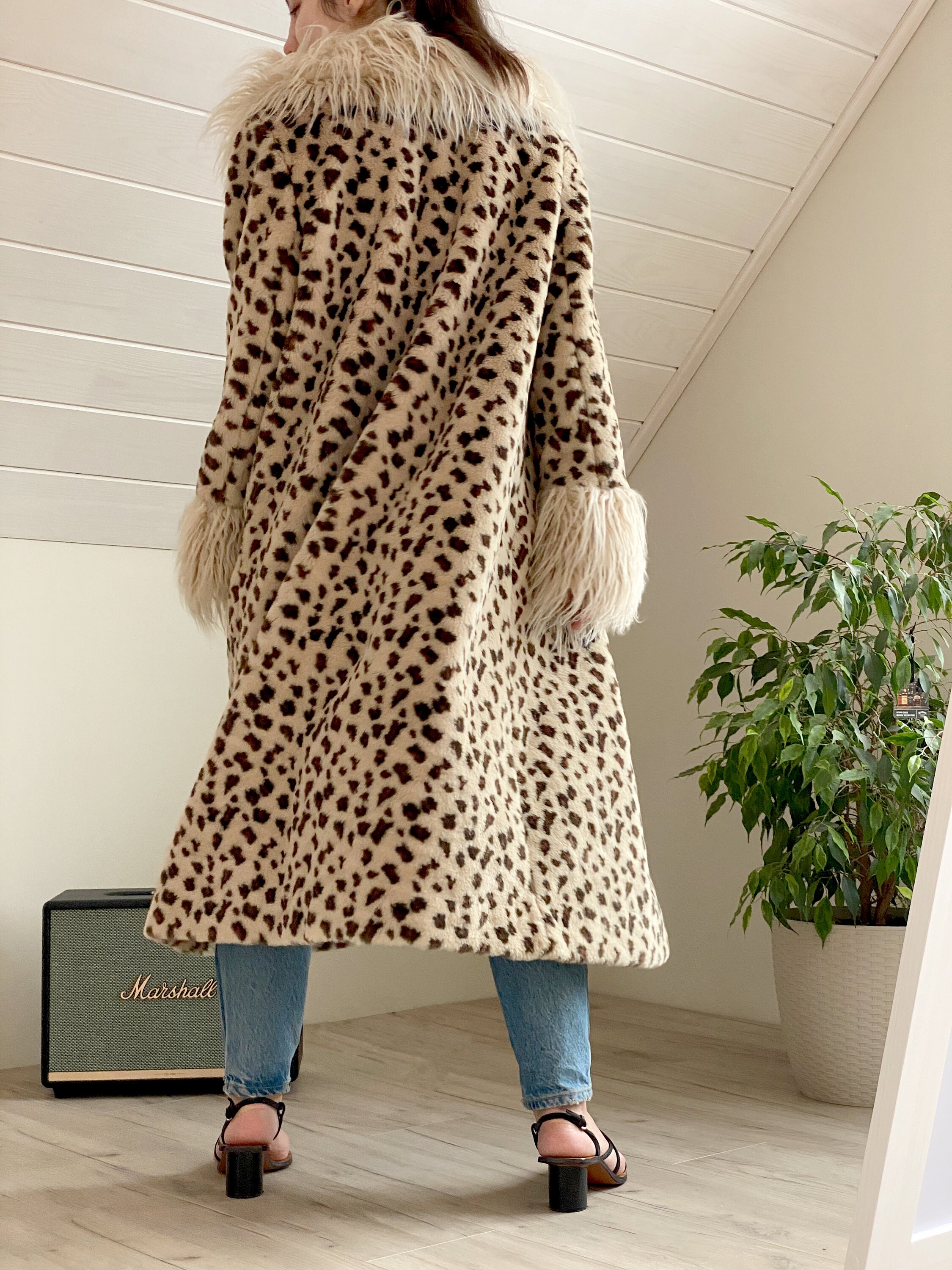 Leopard Print Faux Fur Coat, Animal Print Full Length Fake Fur Coat for  Women, Fluffy Boho Fur Coat, Vegan Fur, Belted Beige Faux Fur Coat 