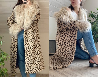 Leopard Print Faux Fur Coat, Animal print Full length fake fur coat for Women, Fluffy Boho Fur Coat, Vegan Fur, Belted beige faux fur coat