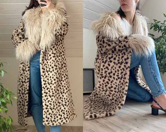 Leopard Print Faux Fur Coat, Animal Print Full Length Fake Fur