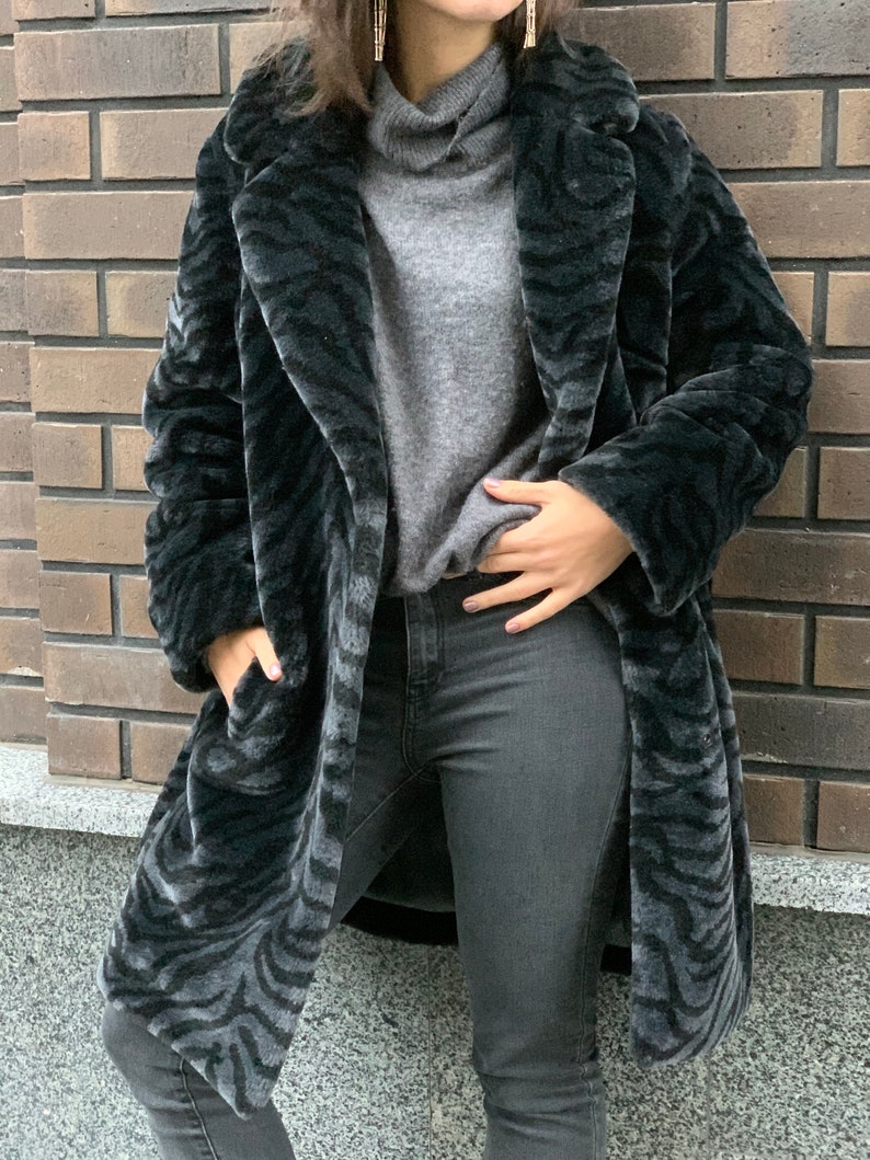 Animal Print Faux Fur Coat for Women Black Fur Coat Mid Etsy