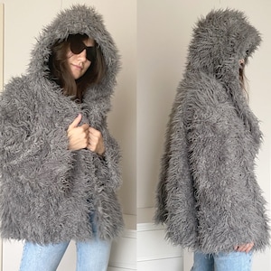 人気が高い Faux Womens Vintage Fur Furry Winter Warm Speckled Grey ジャケット・アウター