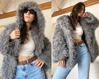 Gray Faux Fur Coat for Women, Shaggy Winter Coat, Grey Llama