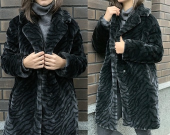 Animal Print Faux Fur Coat for Women, Black Fur Coat Mid Length, Oversized Plush Coat in Zebra Print, Warm Vegan Fur Coat, Fake Fur Jacket