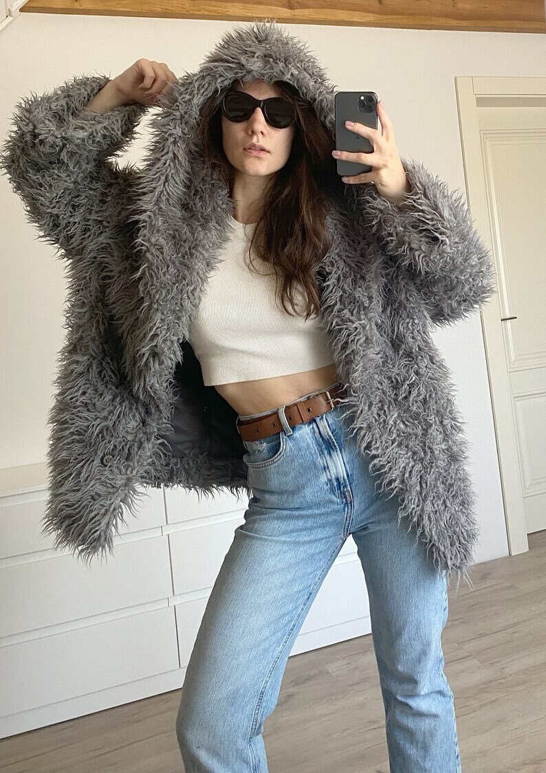 Gray Shaggy Faux Fur Jacket, Festival Hooded Coat for Women Gray Shaggy Faux Fur Jacket, Festival Hooded Coat for Women