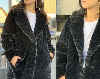 Animal Print Faux Fur Coat, Black Faux Fur Coat for Women, Winter Plus Size Coat, Tiger Print Coat, Faux Fur Jacket