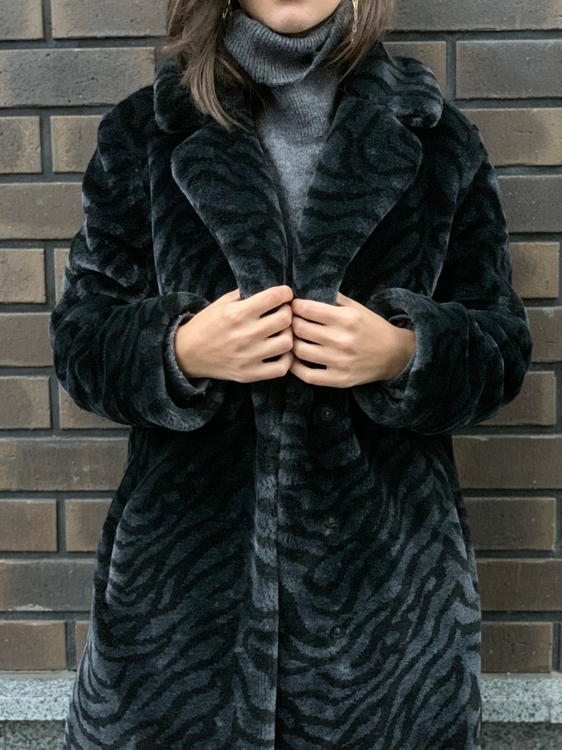 Animal Print Faux Fur Coat for Women Black Fur Coat Mid Etsy