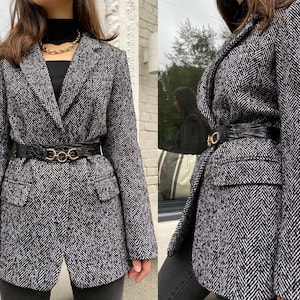 Oversize Black Tweed Blazer for Women, Designer Inspired Houndstooth Wool Blazer, Herringbone Boyfriend Wool Blazer, Gray Tweed Jacket