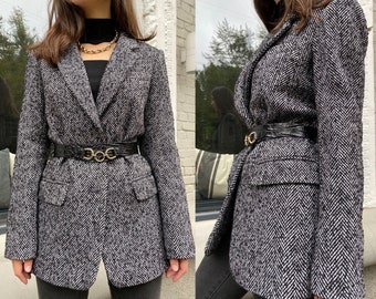 Oversize Black Tweed Blazer for Women, Designer Inspired Houndstooth Wool Blazer, Herringbone Boyfriend Wool Blazer, Gray Tweed Jacket