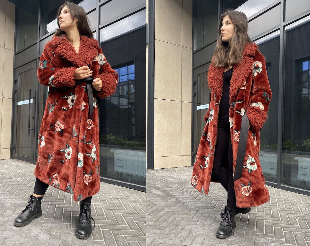 Red Floral Long Faux Fur Coat for Women. Afghan Coat. Plus Size Long Coat. Full Length Belted Boho Fur Coat Etsy