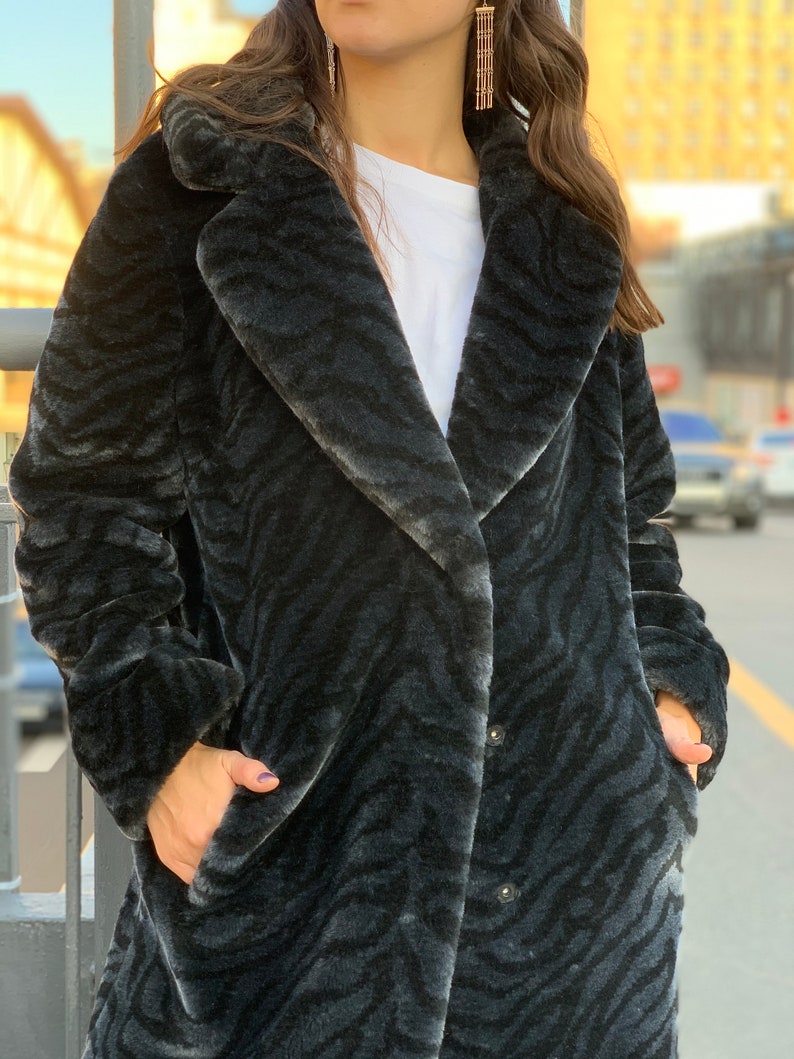 Animal Print Faux Fur Coat for Women Black Fur Coat Mid Etsy