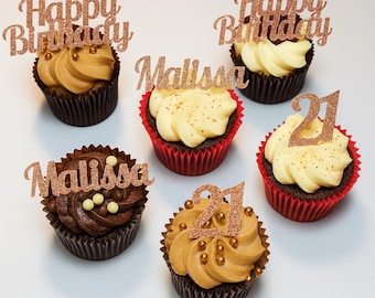 Personalised Happy Birthday, Age, Name Glitter Cupcake Toppers various colours